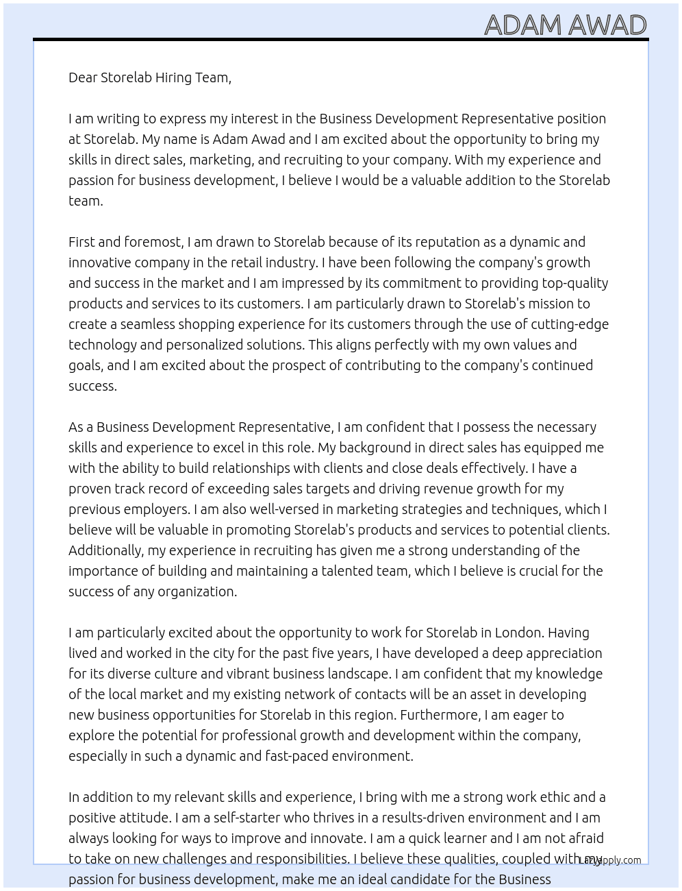 Business development representative  At Storelab Cover Letter