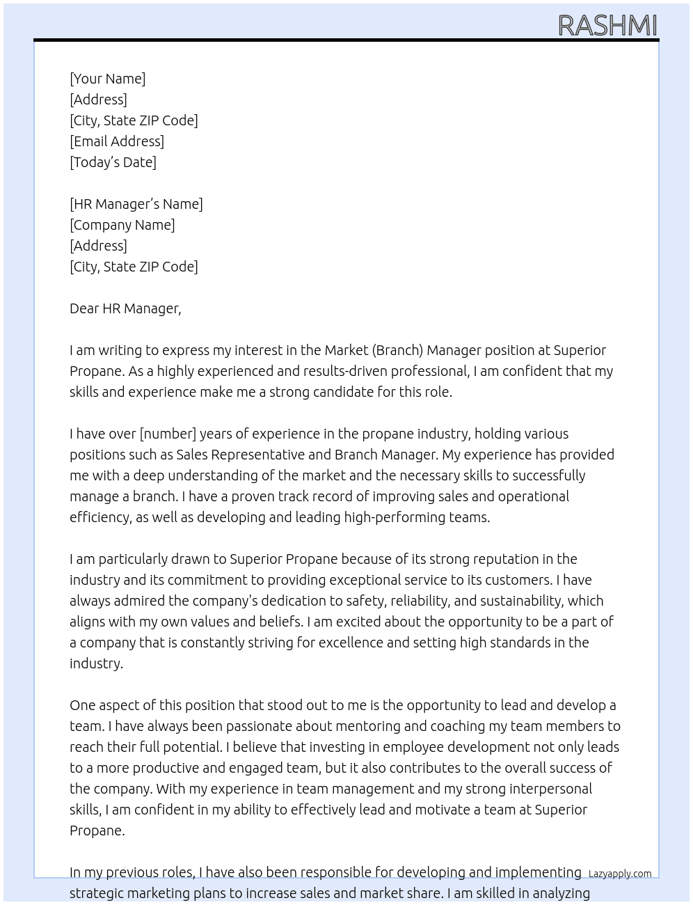 Market (Branch) Manager At Superior Propane Cover Letter