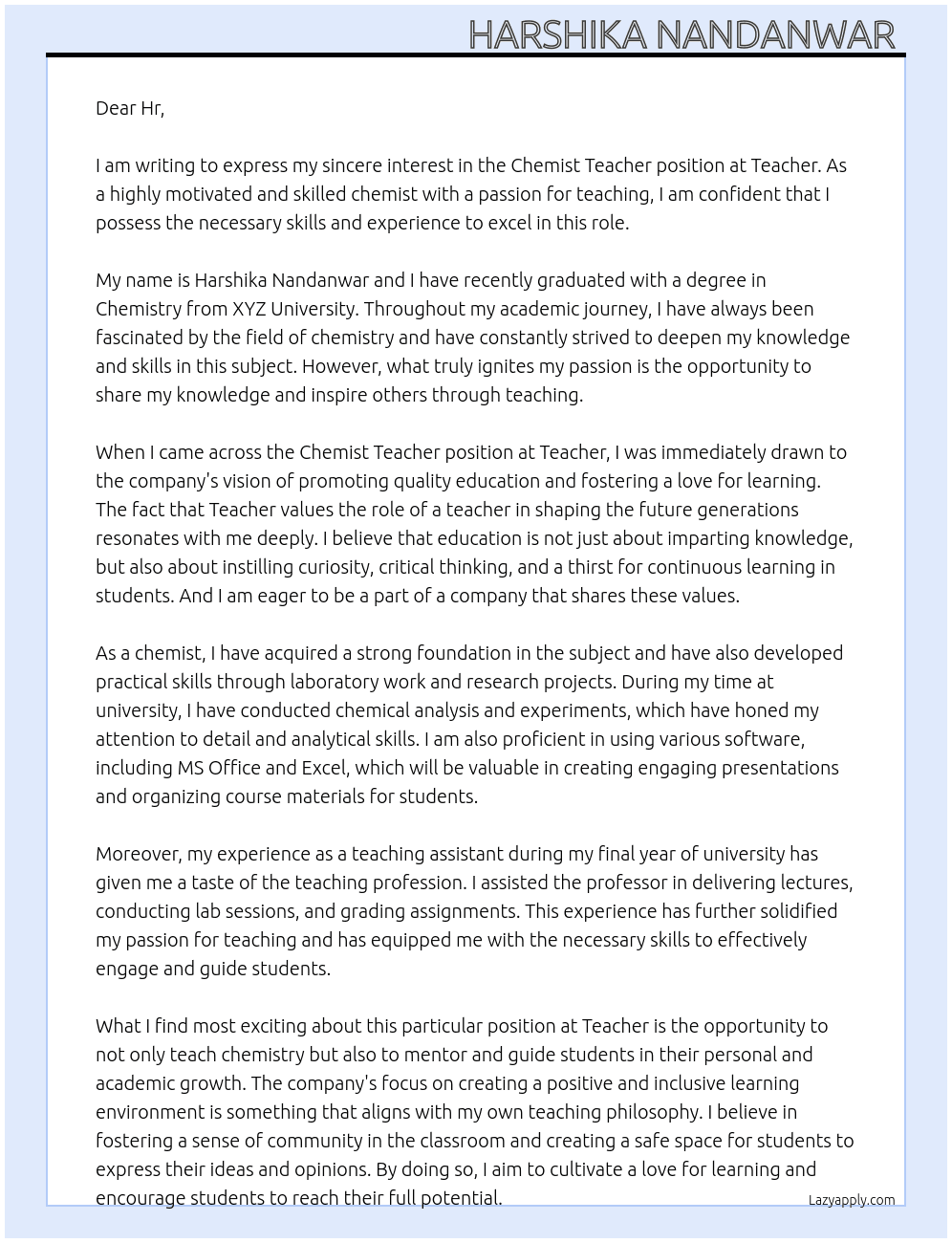 Chemist teacher At Teacher  Cover Letter