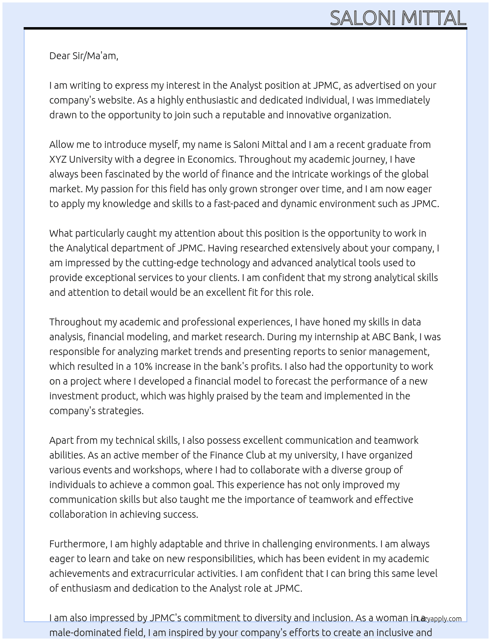 analyst At JPMC Cover Letter