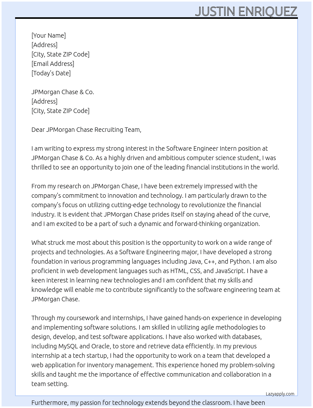 Software Engineer Intern At JPMorgan Chase & Co. Cover Letter