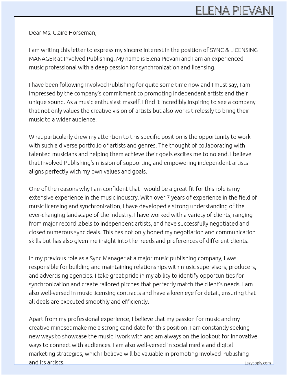 SYNC & LICENSING MANAGER At Involved Publishing Cover Letter