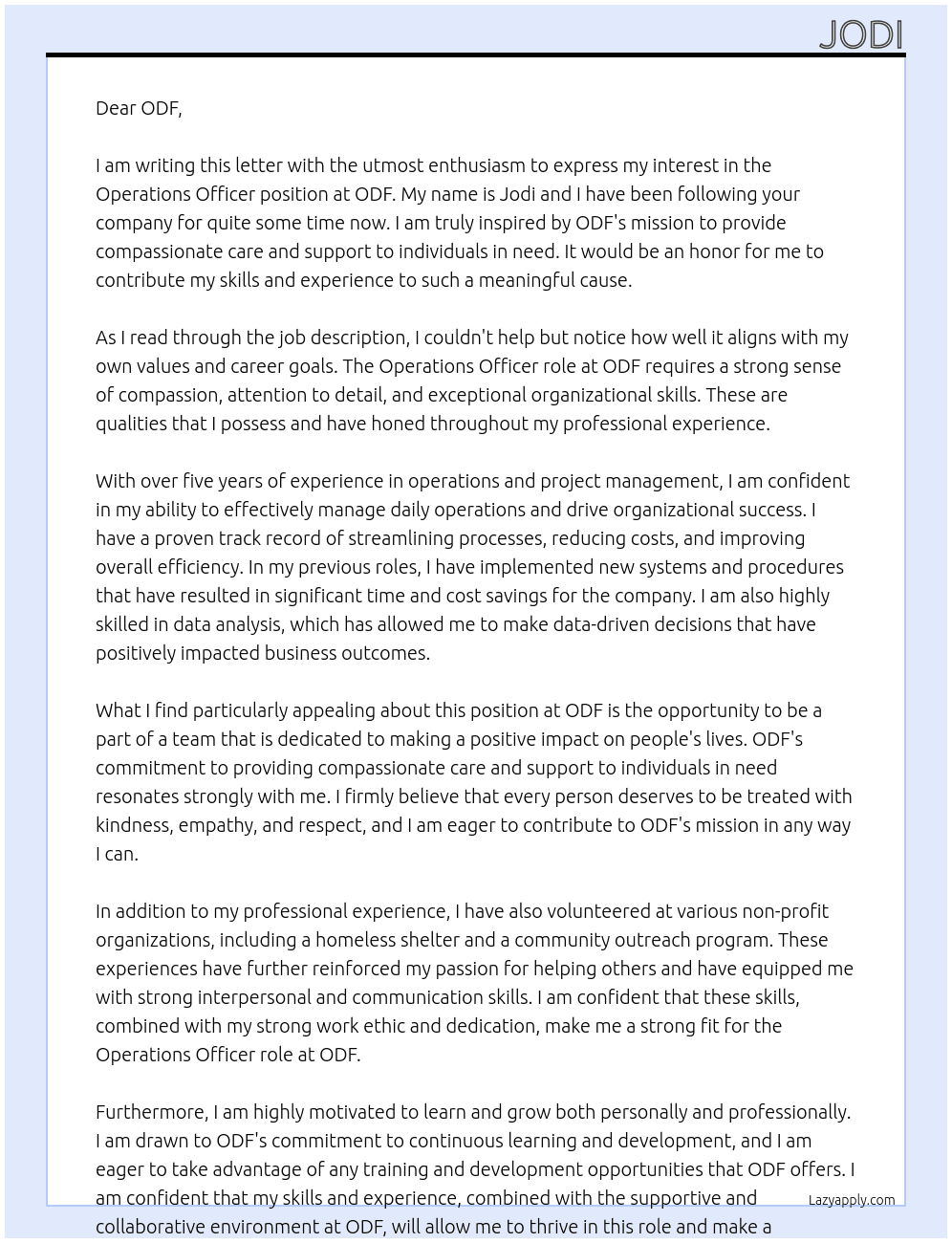 Operations officer At ODF Cover Letter