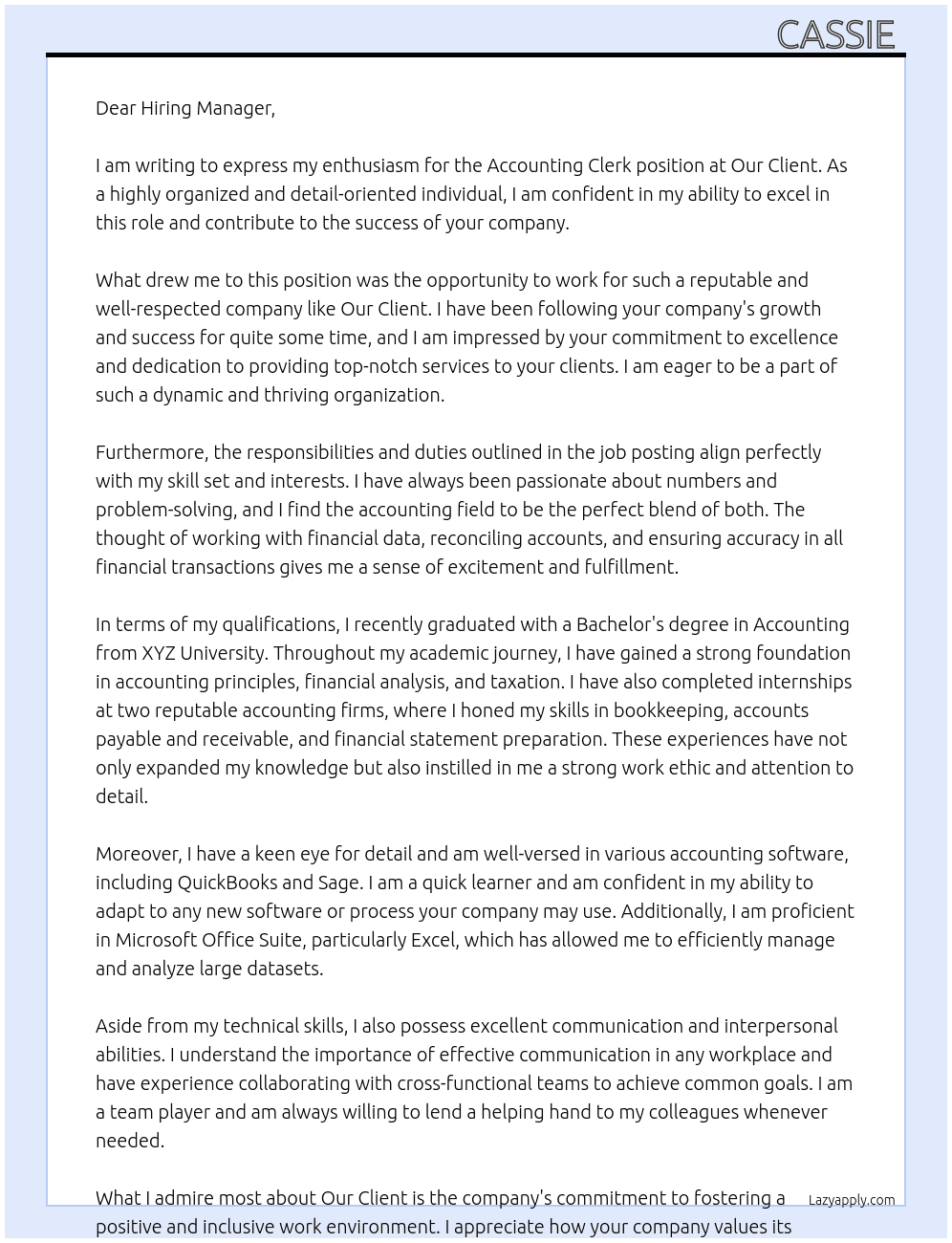 Accounting Clerk At Our Client Cover Letter