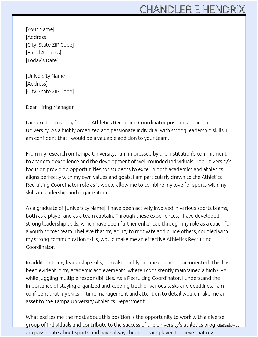 Athletics Recruiting Coordinator At Tampa University Cover Letter