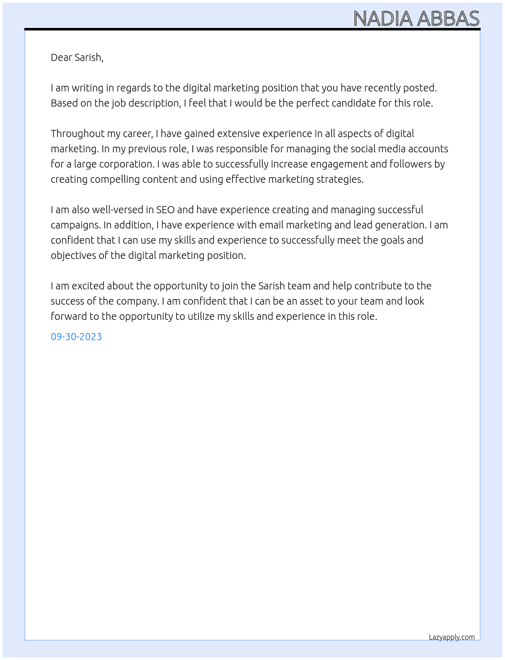 digital marketing At Sarish Cover Letter