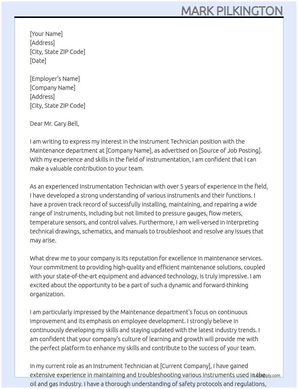 Instrument technician  At Maintenance dept Cover Letter
