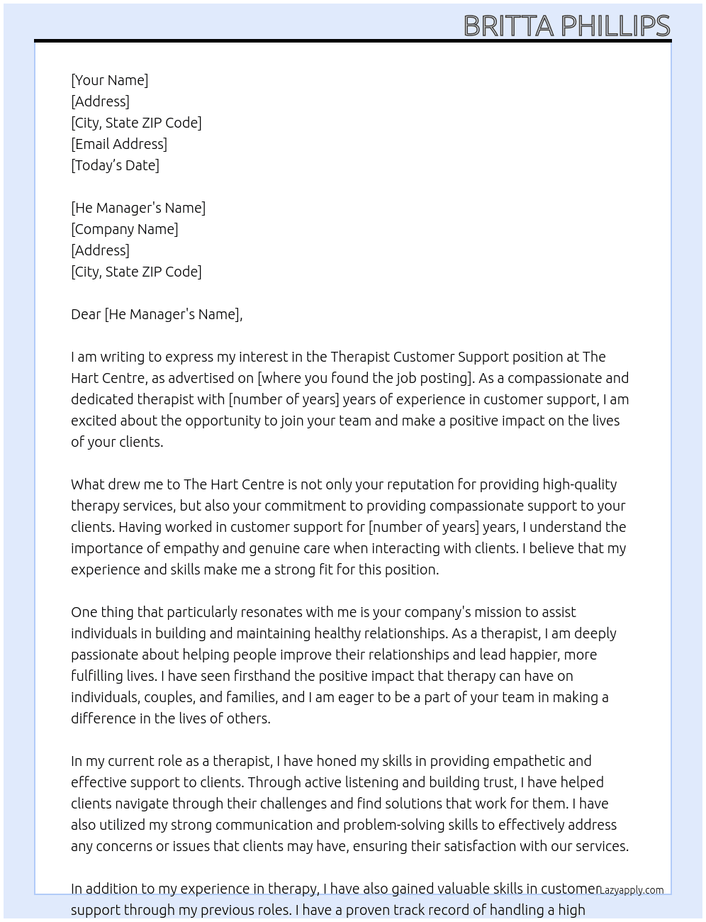 Therapist customer support  At The hart centre Cover Letter