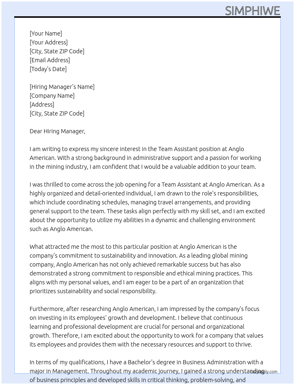 Team Assistant  At Anglo American  Cover Letter