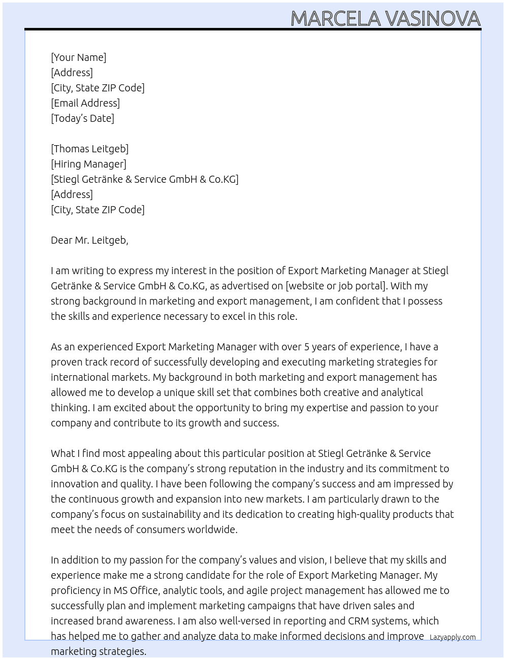  Export Marketing Manager At Stiegl Getränke & Service GmbH & Co.KG Cover Letter