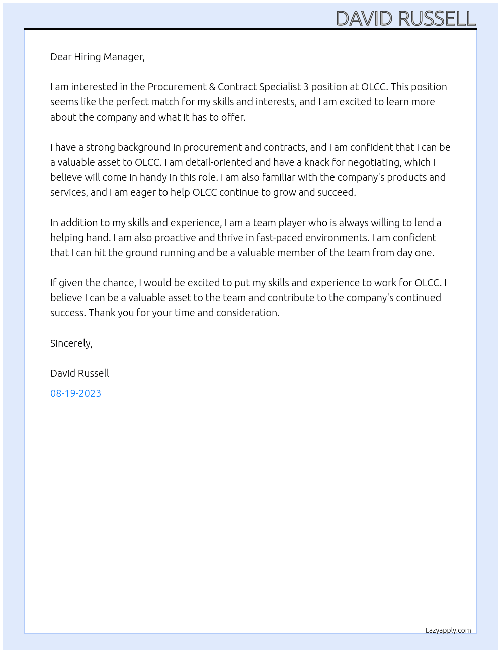 Procurement & Contract Specialist 3 At OLCC Cover Letter
