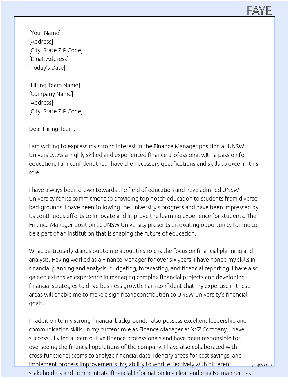 Finance Manager  At UNSW University Cover Letter