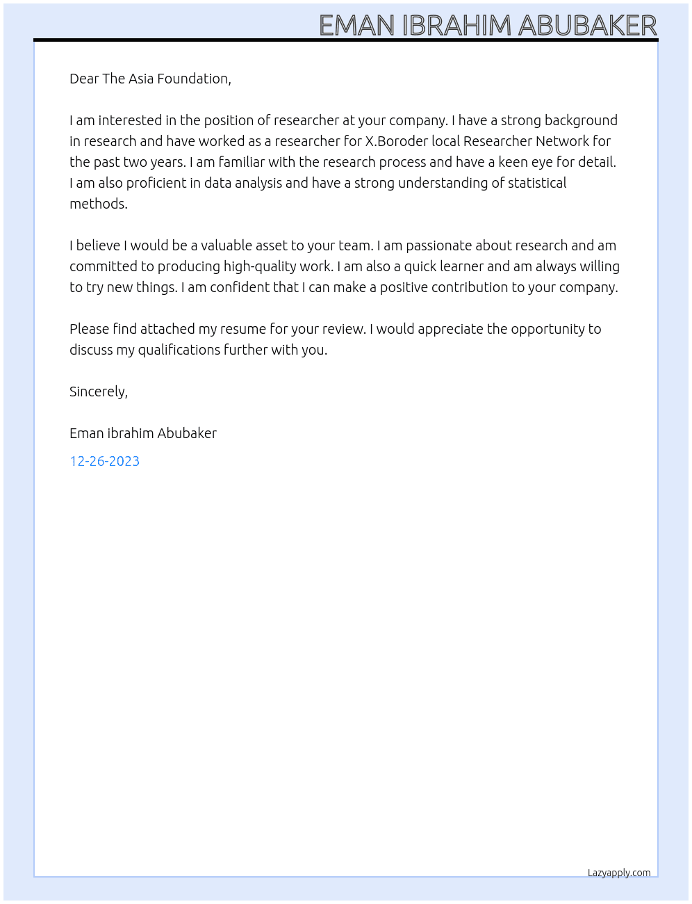 Researcher At X.Boroder local Researcher Network Cover Letter