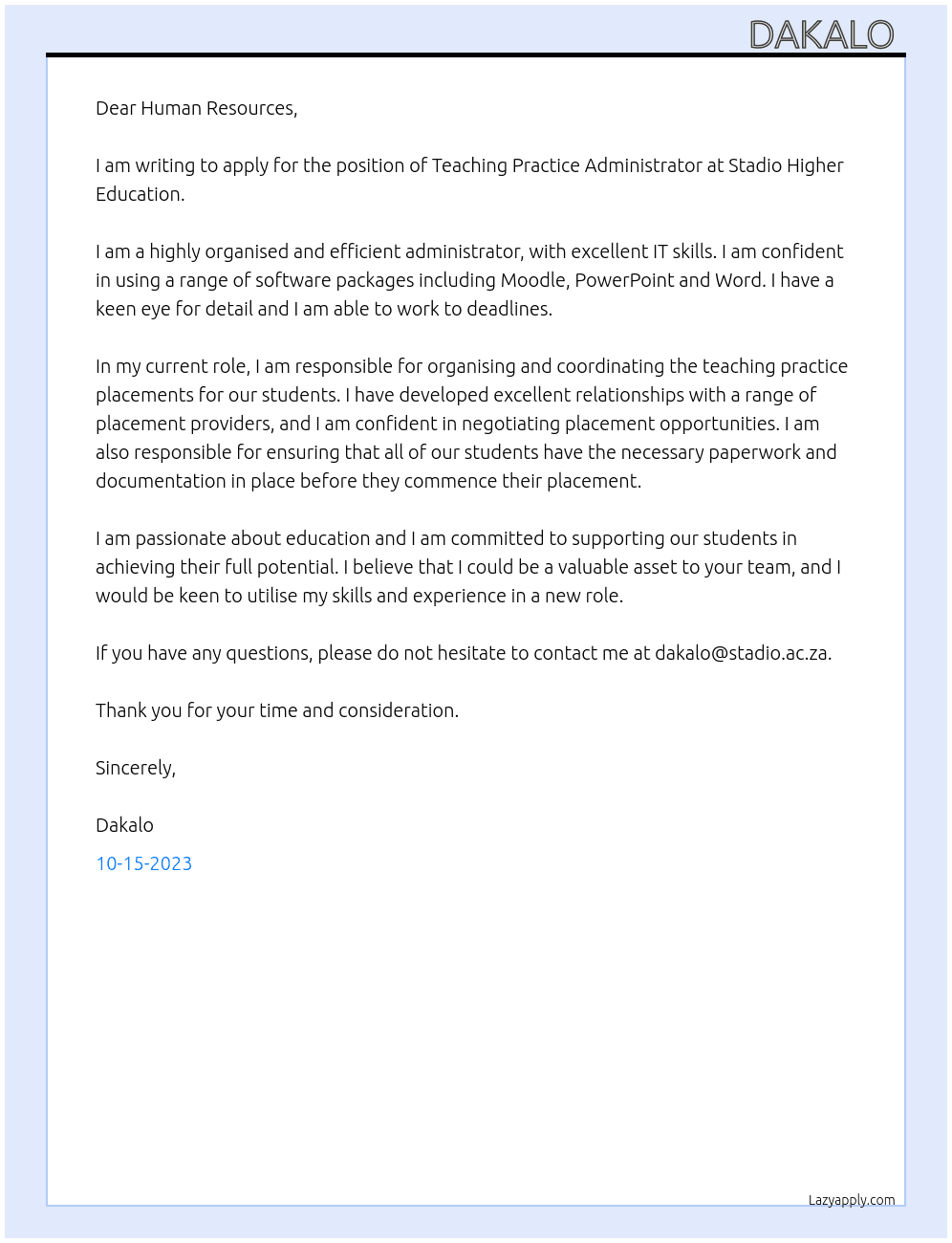 Teaching Practice Administrator  At Stadio Higher Education  Cover Letter