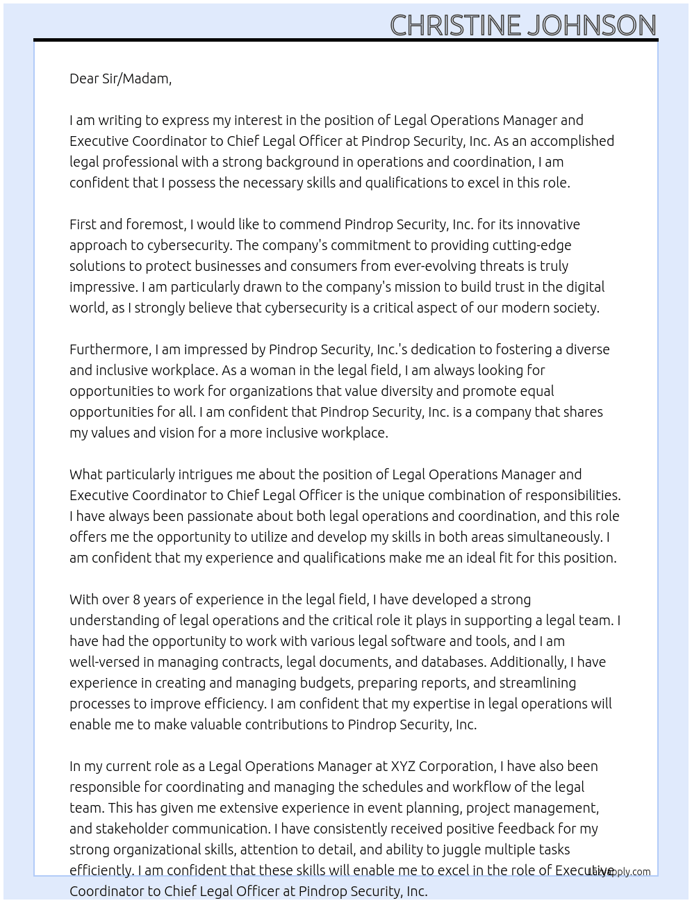 Legal Operations Manager and Executive Coordinator to CLO At Pindrop Security, Inc. Cover Letter