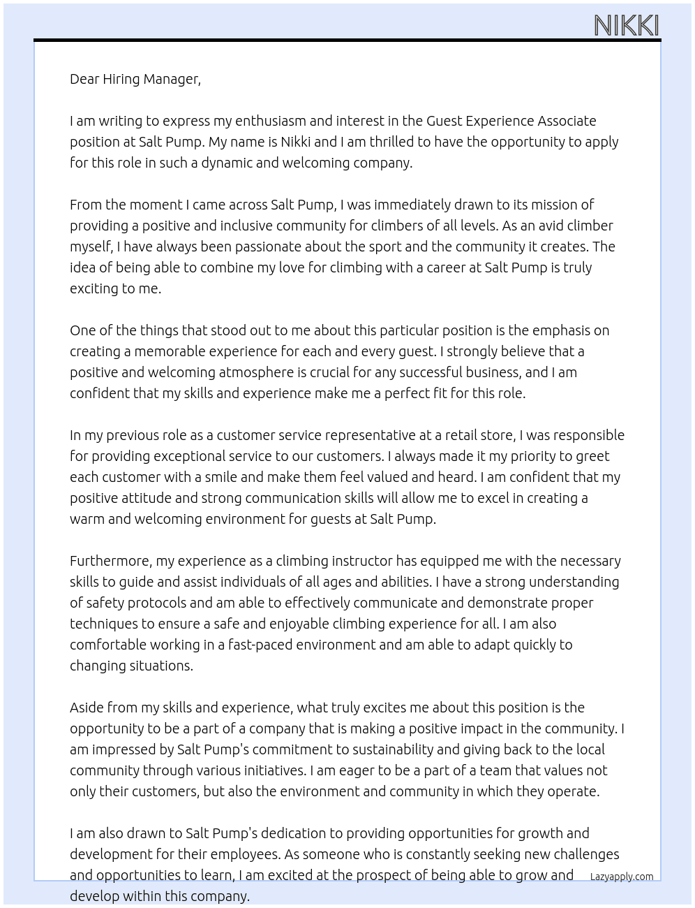 Guest Experience Associate  At Salt Pump  Cover Letter
