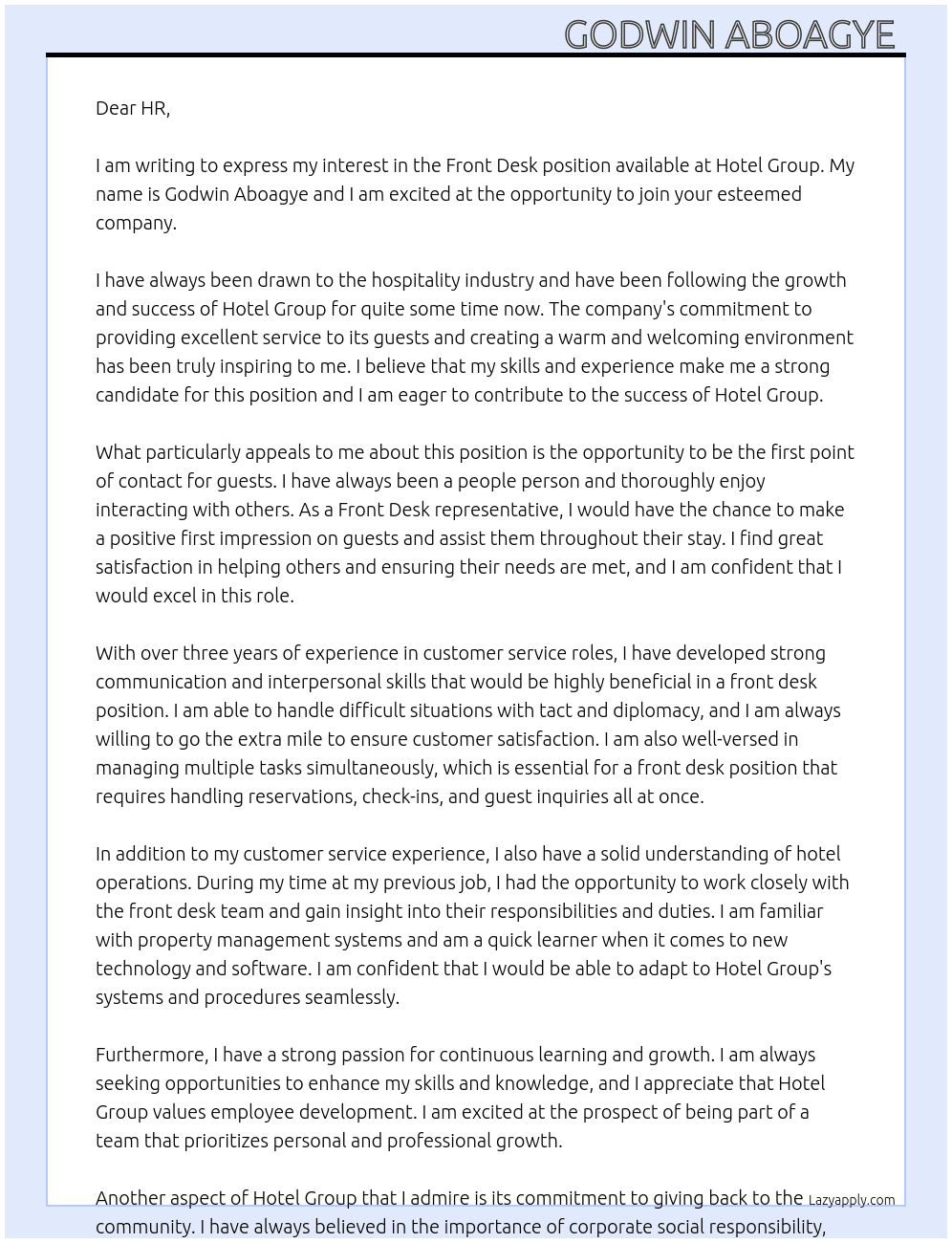 Front desk  At Hotel group  Cover Letter