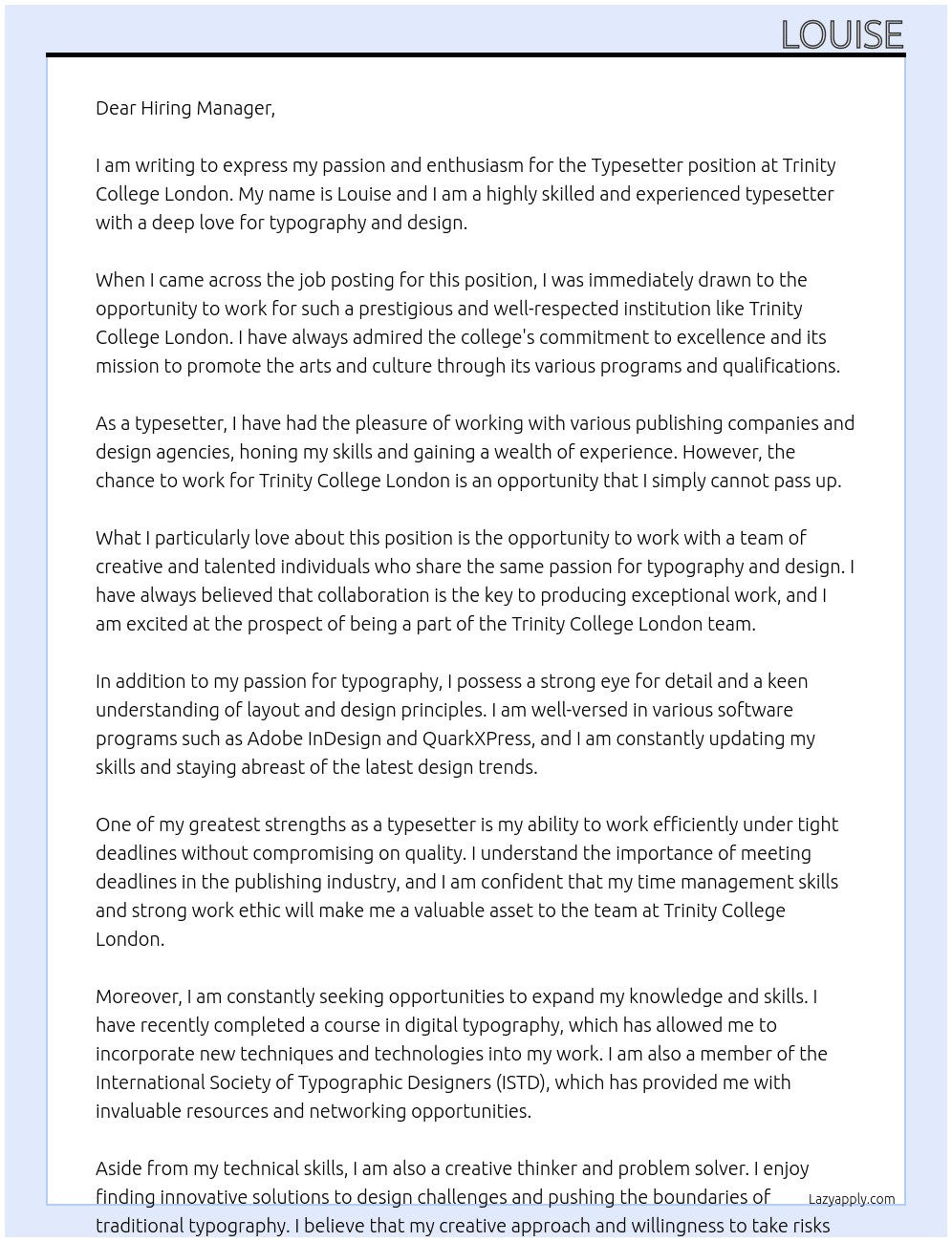 Typesetter At Trinity College London Cover Letter