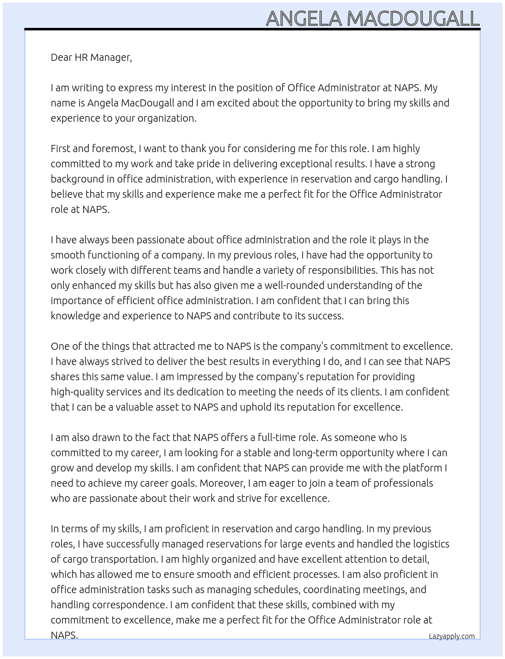 Office administrator At NAPS Cover Letter