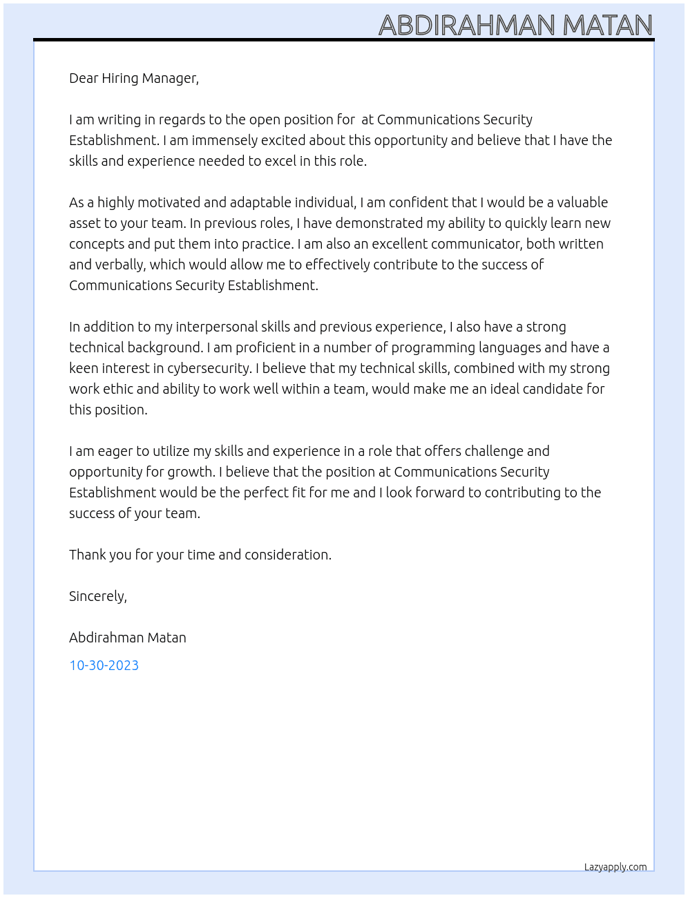 Cover letter for position - LazyApply