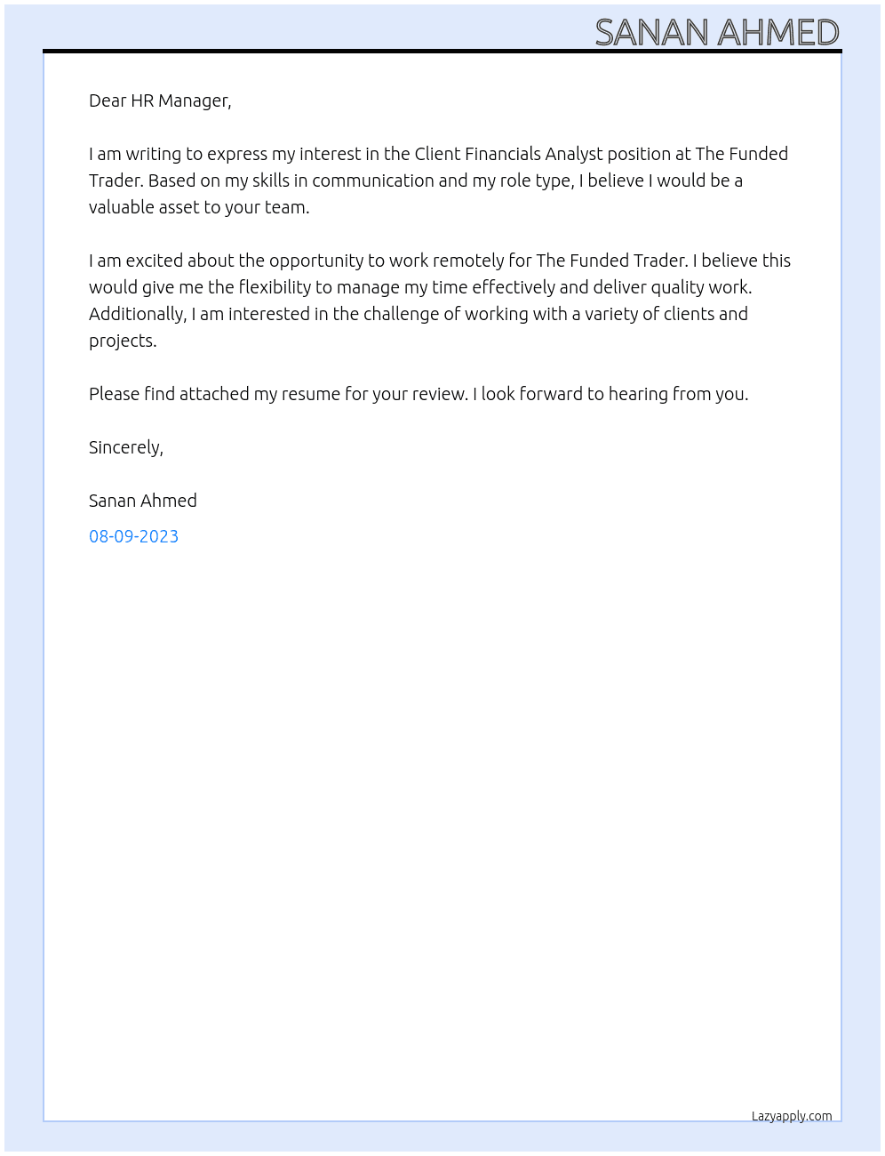 Client Financials Analyst At The Funded Trader Cover Letter