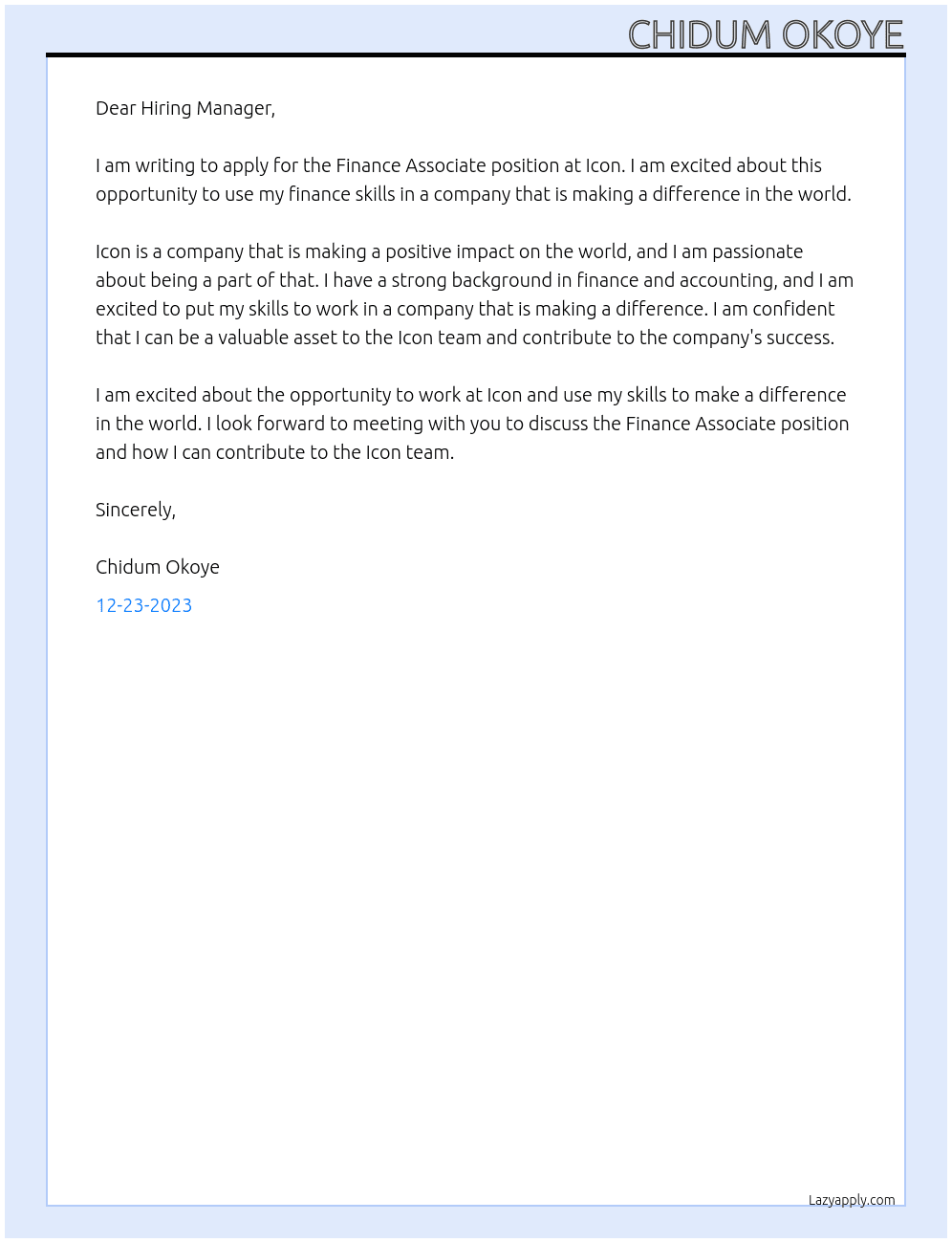 Finance Associate At Icon Cover Letter