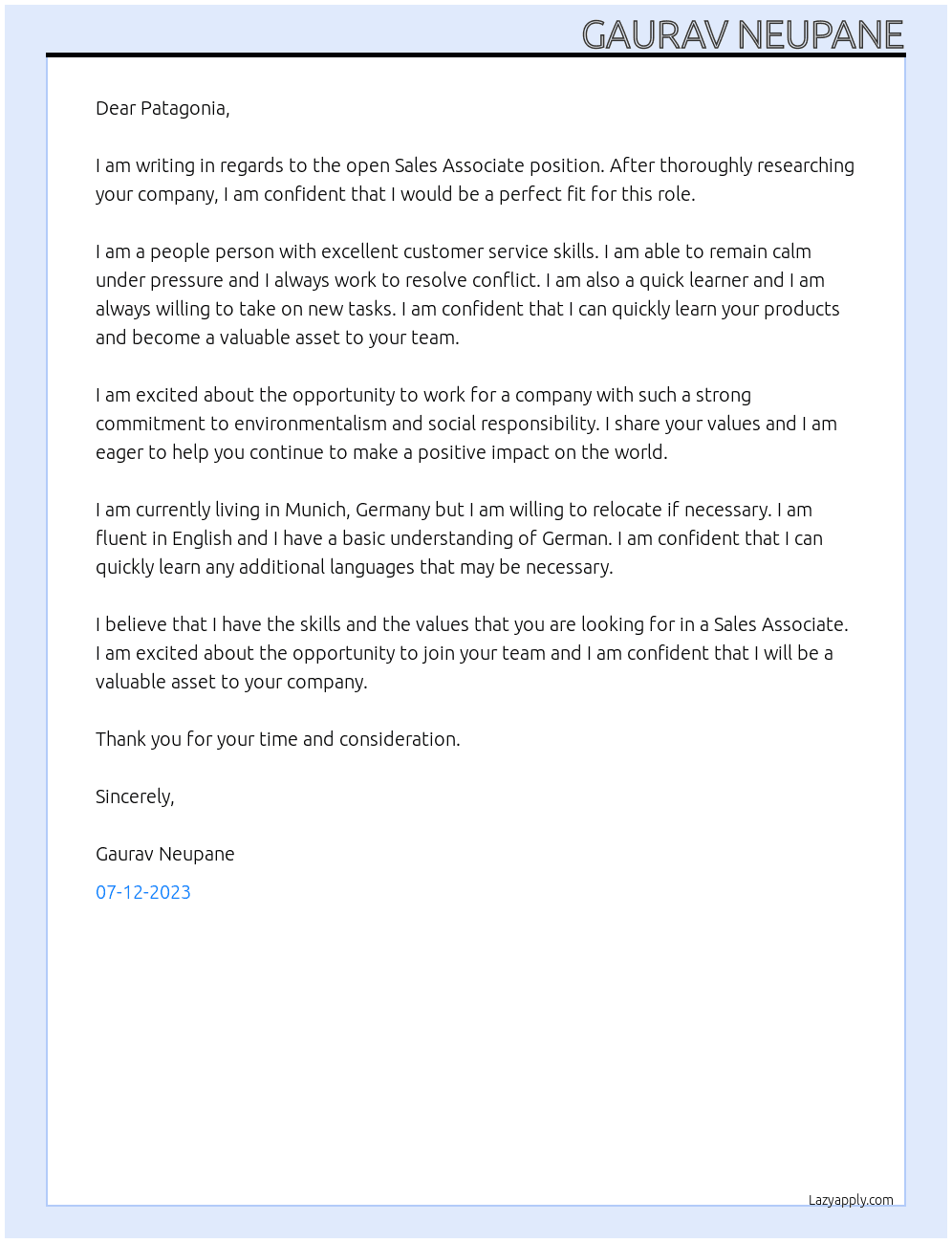 Sales Associate At Patagonia Cover Letter