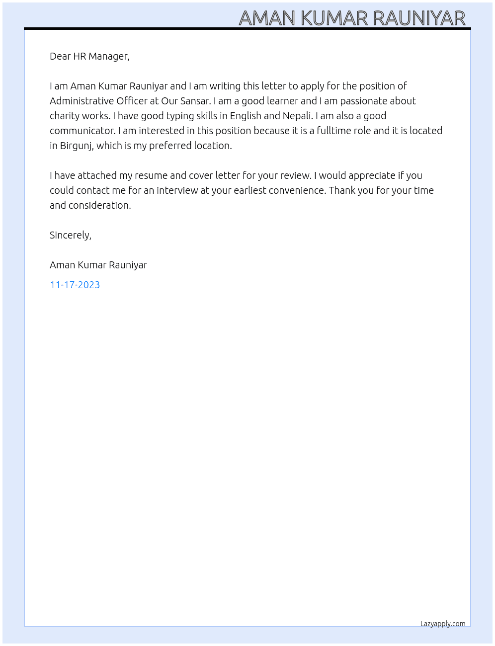 Administrative Officer  At Our Sansar Cover Letter