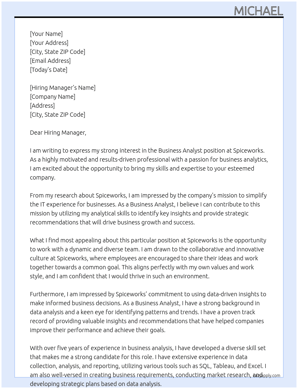 Business Analyst At Spiceworks Cover Letter
