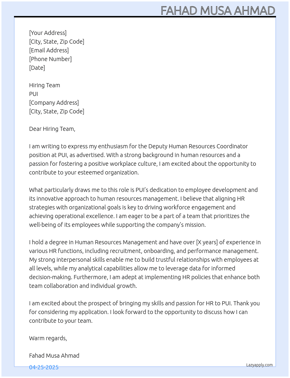 Cover letter for deputy human resources coordinator - LazyApply