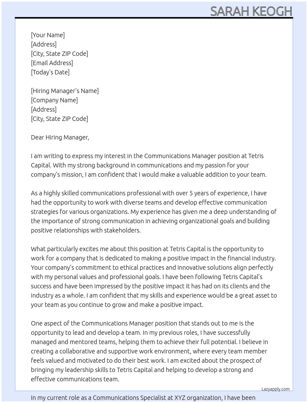 Commuications Manager At Tetris Capital Cover Letter
