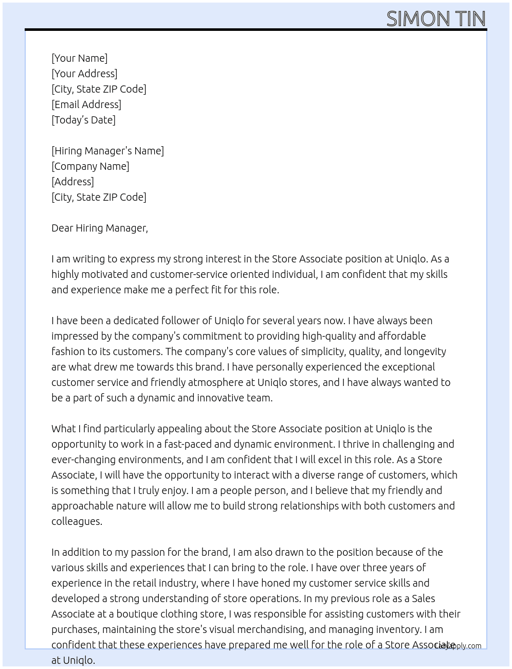 Store Associate At Uniqlo Cover Letter