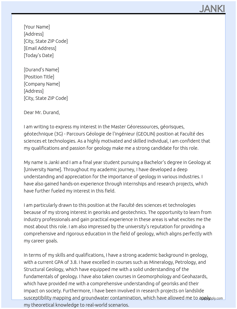 Master Géoressources, géorisques, géotechnique (3G) - Parcours Géologie de l'ingénieur (GEOLIN) At Faculté des sciences et technologies Cover Letter