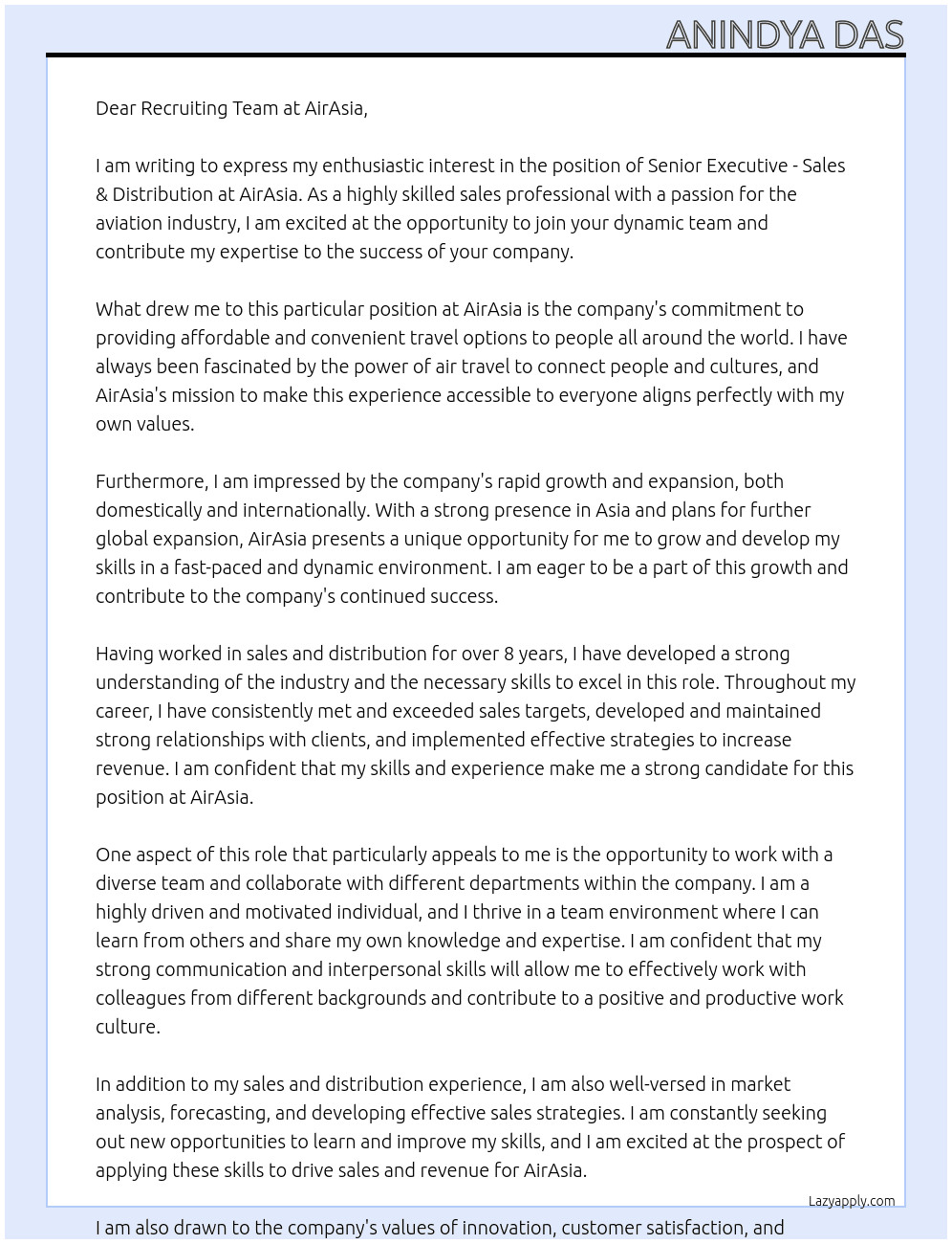 Senior Executive - Sales & Distribution At AirAsia Cover Letter
