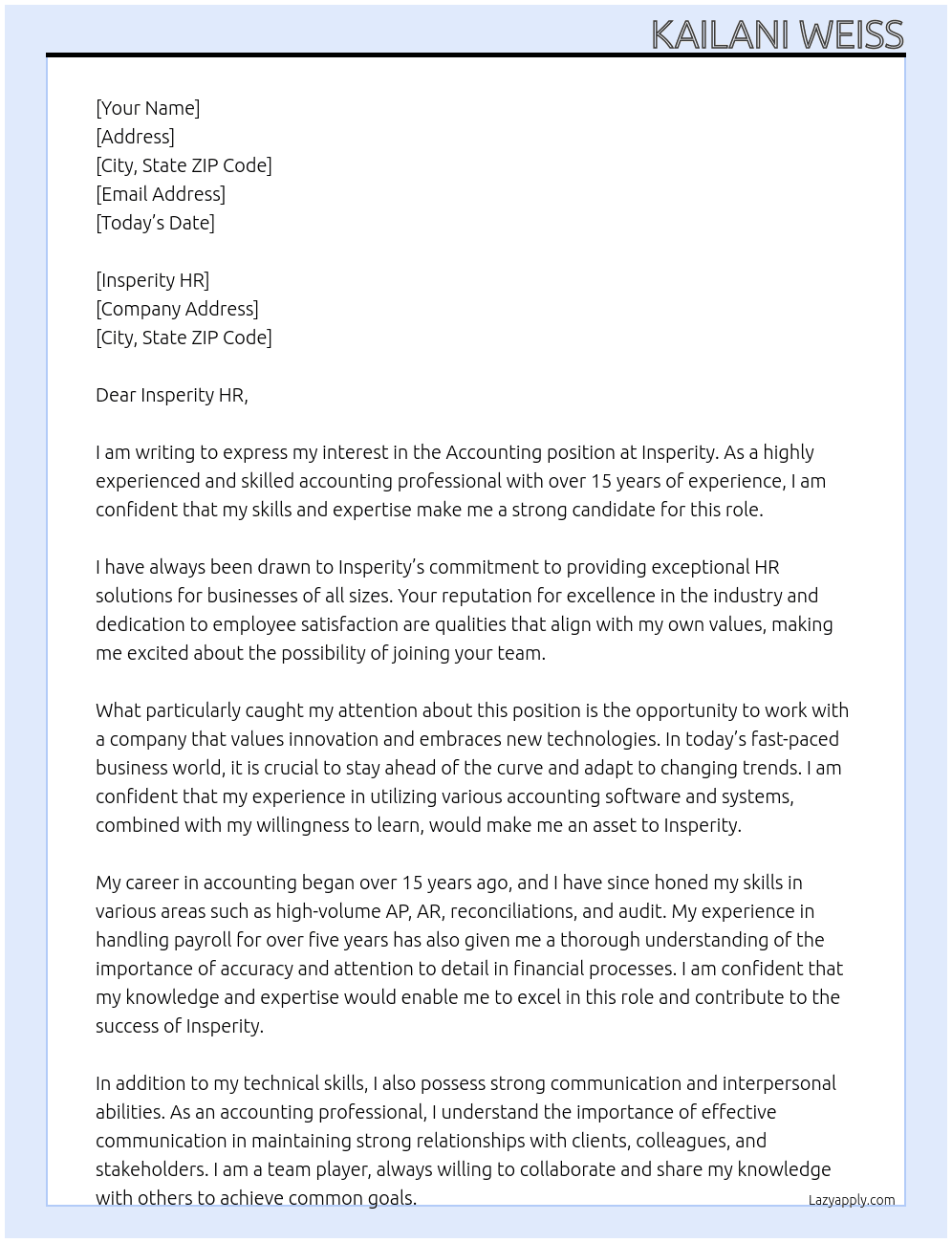 Accounting At Insperity Cover Letter