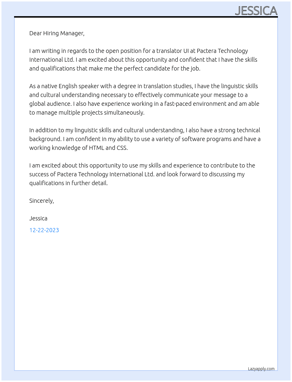 Translator UI At Pactera Technology International Ltd. Cover Letter