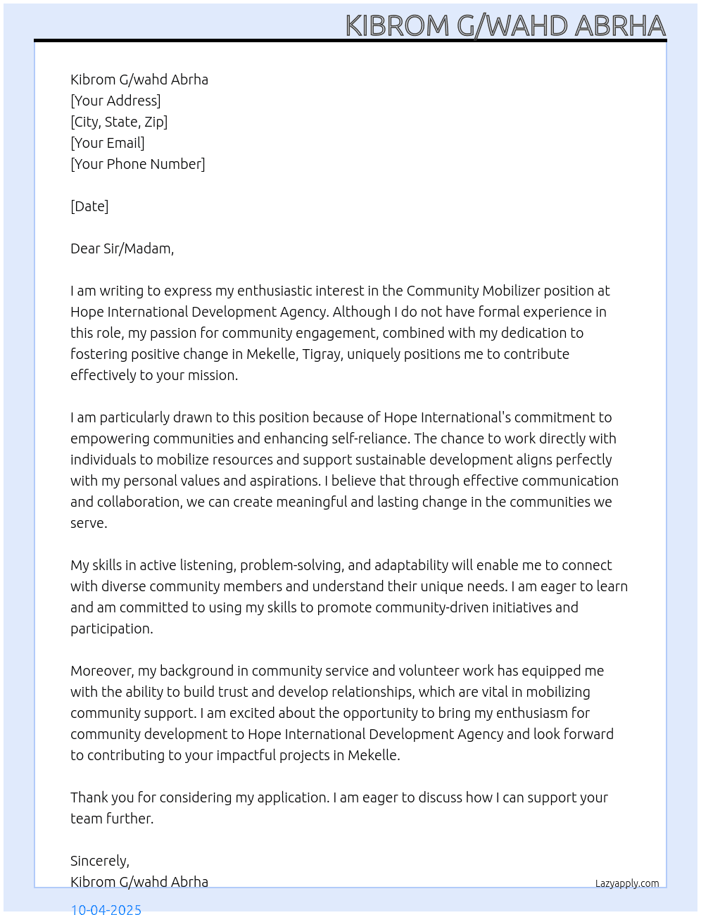 Community mobilizer At Hope international development agency Cover Letter