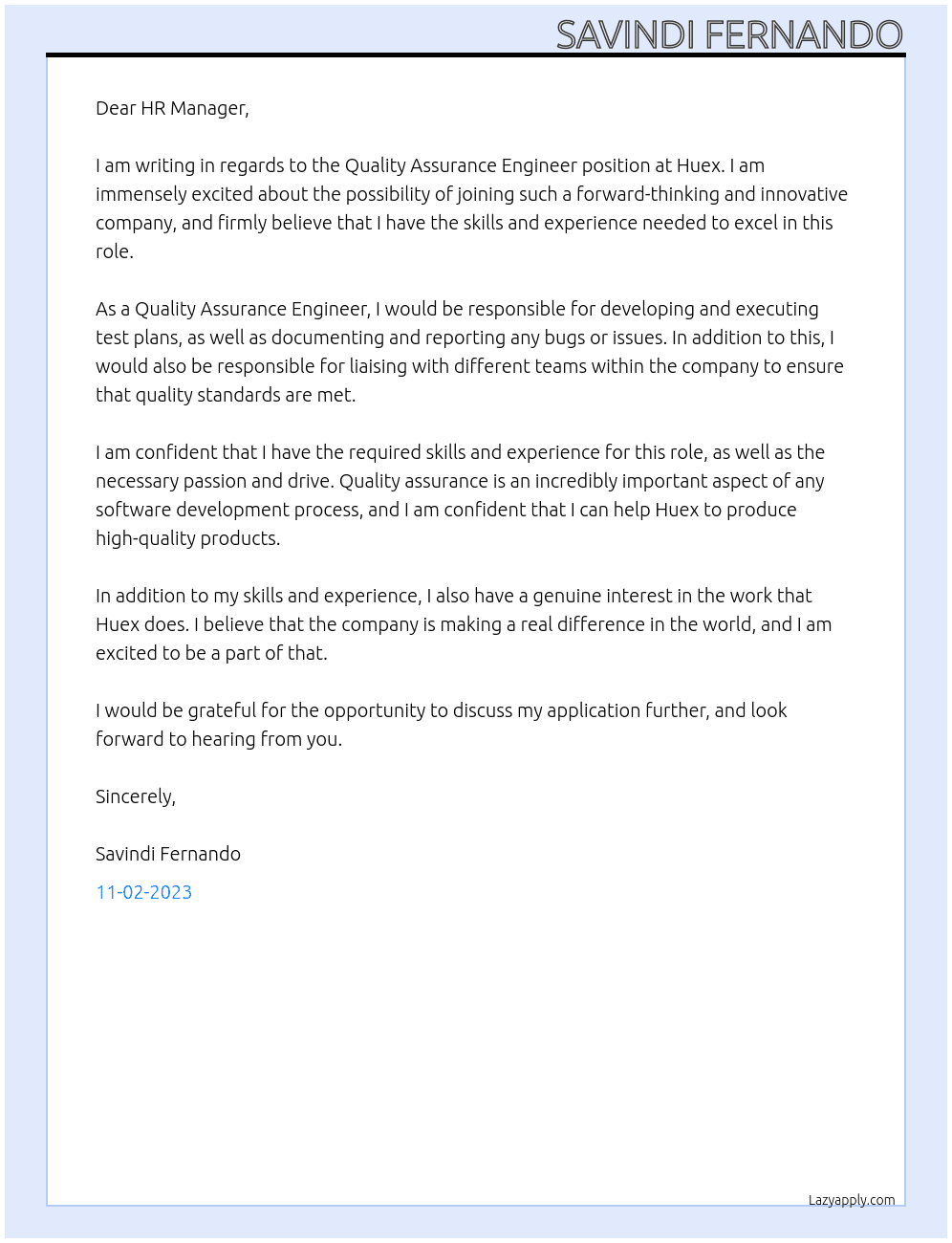 Quality Assurance Engineer At Huex Cover Letter