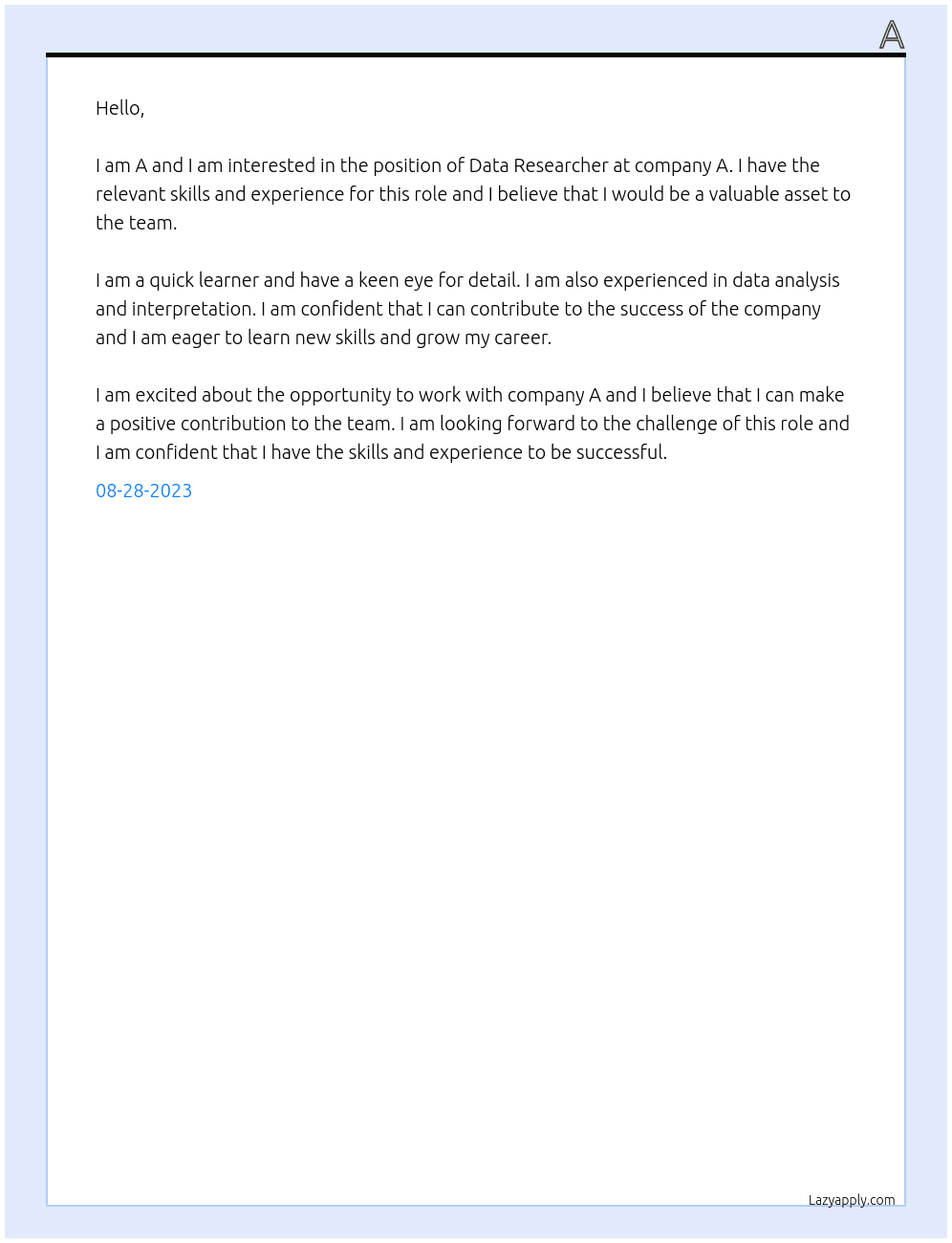 Data Researcher At A Cover Letter