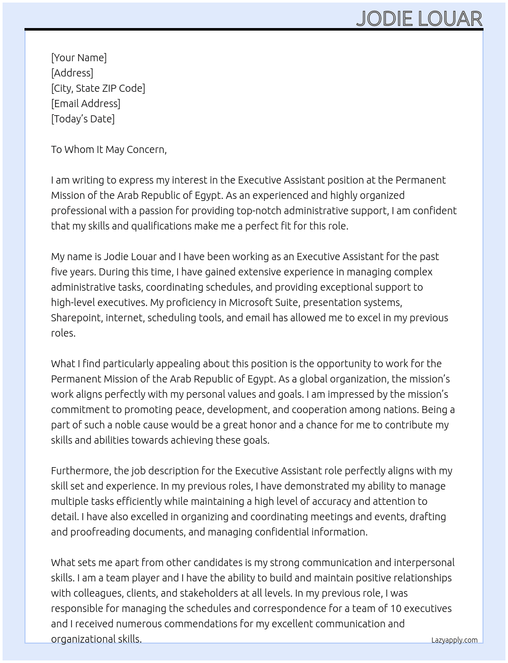 Executive Assistant At the Permanent Mission of the Arab Republic of Egypt Cover Letter