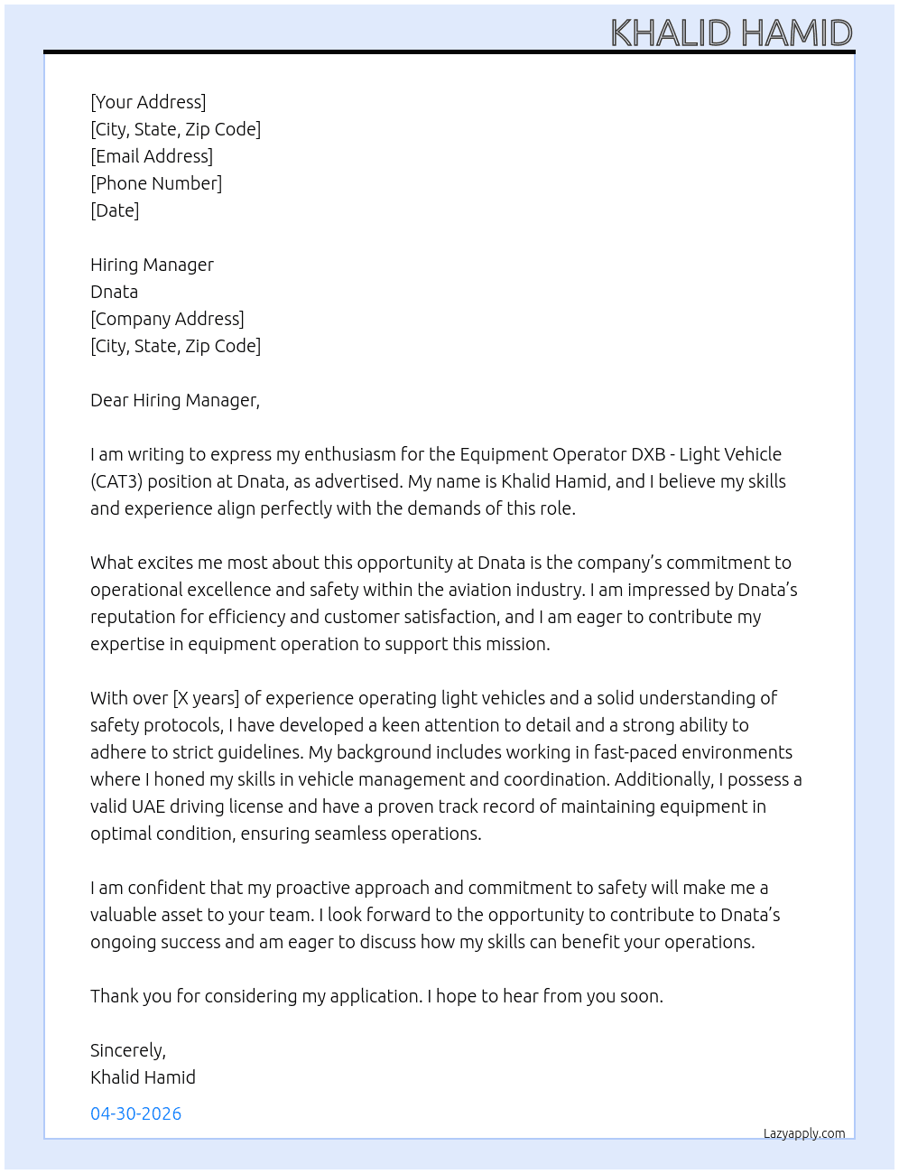 Equipment Operator DXB -Light vehicle(CAT3) At Dnata Cover Letter