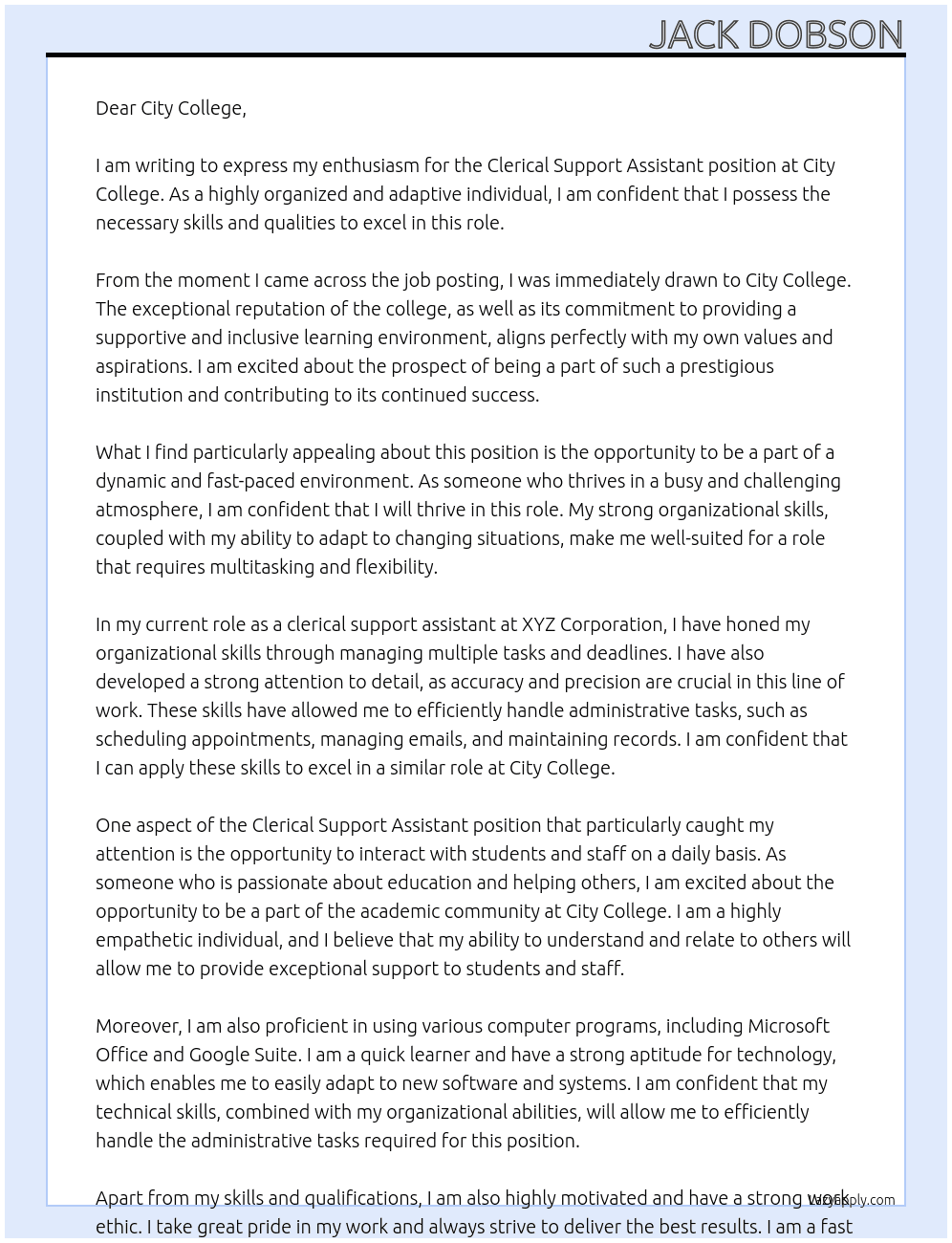 Clerical Support Assistant At City College Cover Letter