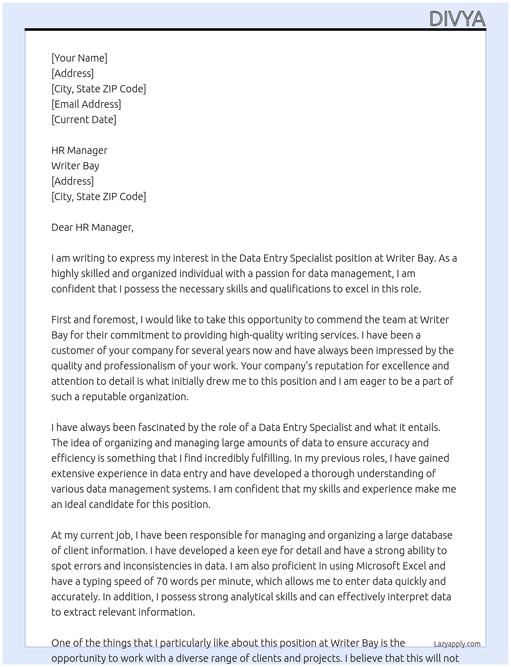 Data entry specialist At Writer Bay Cover Letter