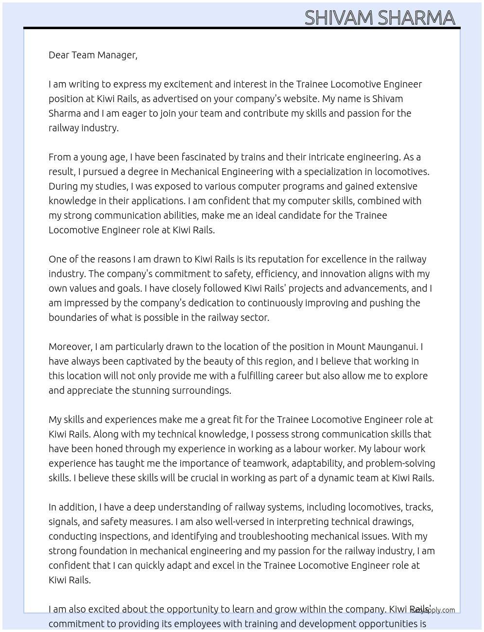 Trainee Locomotive Engineer At Kiwi Rails  Cover Letter