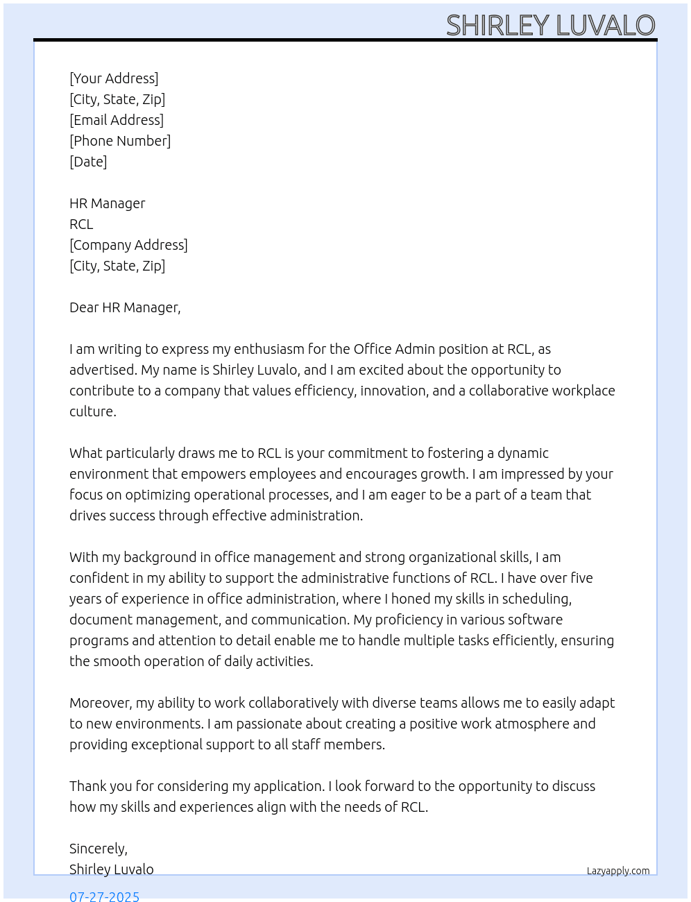 Office admin  At RCL Cover Letter