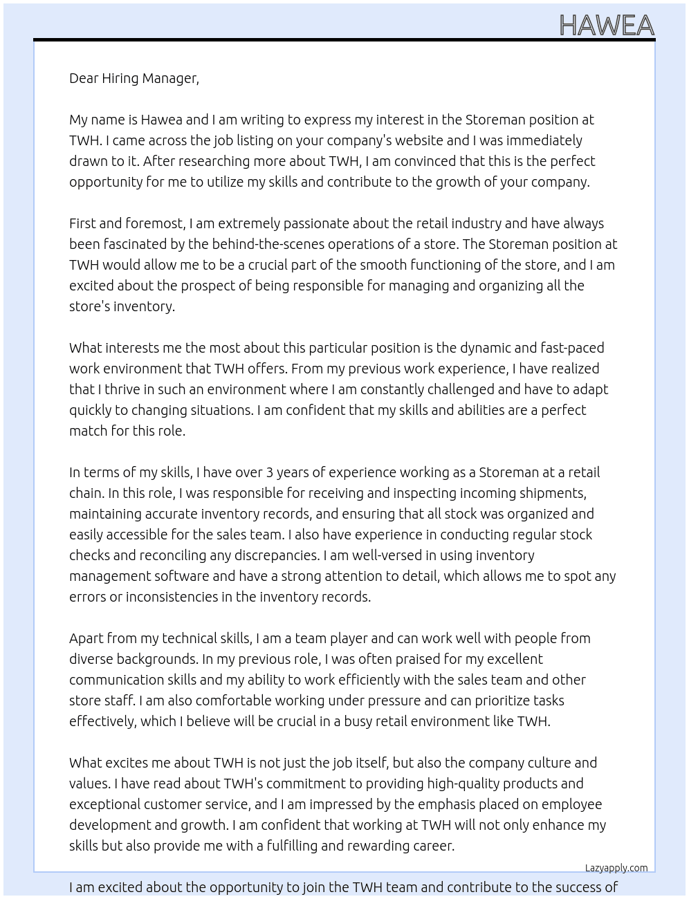 Storeman At TWH Cover Letter