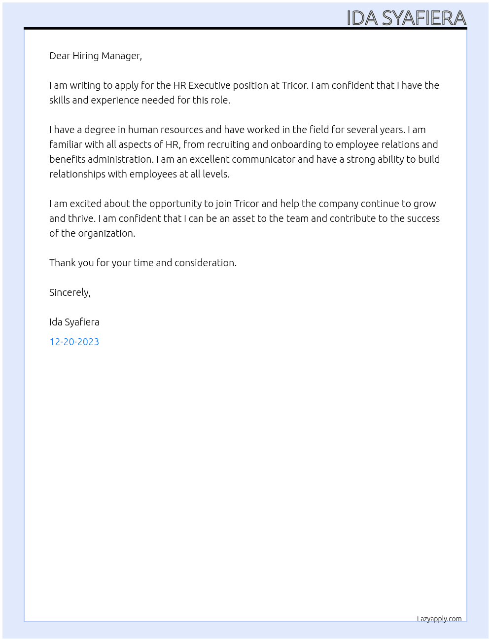 HR Executive At Tricor  Cover Letter