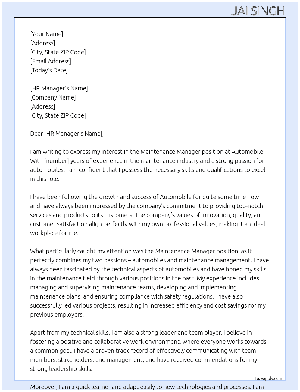 Maintenance Manager At Automobile Cover Letter