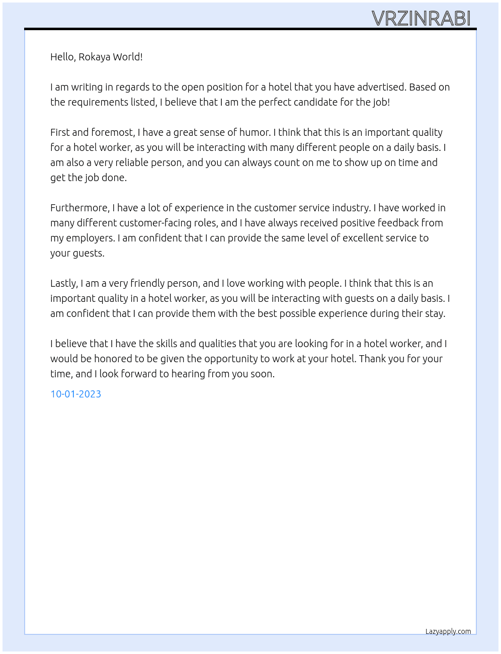 Hotel  At Rko Cover Letter