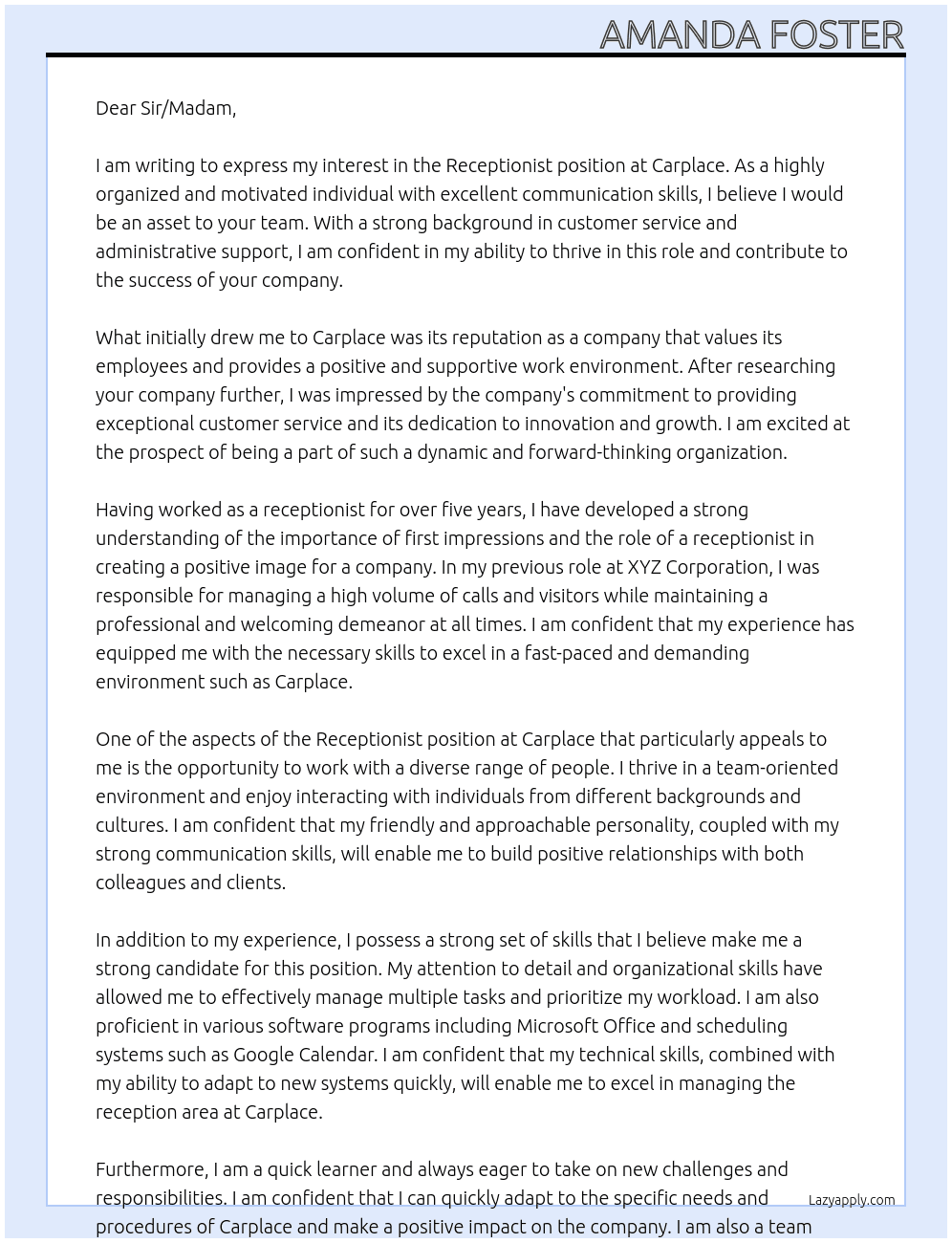 Receptionist  At Carplace Cover Letter
